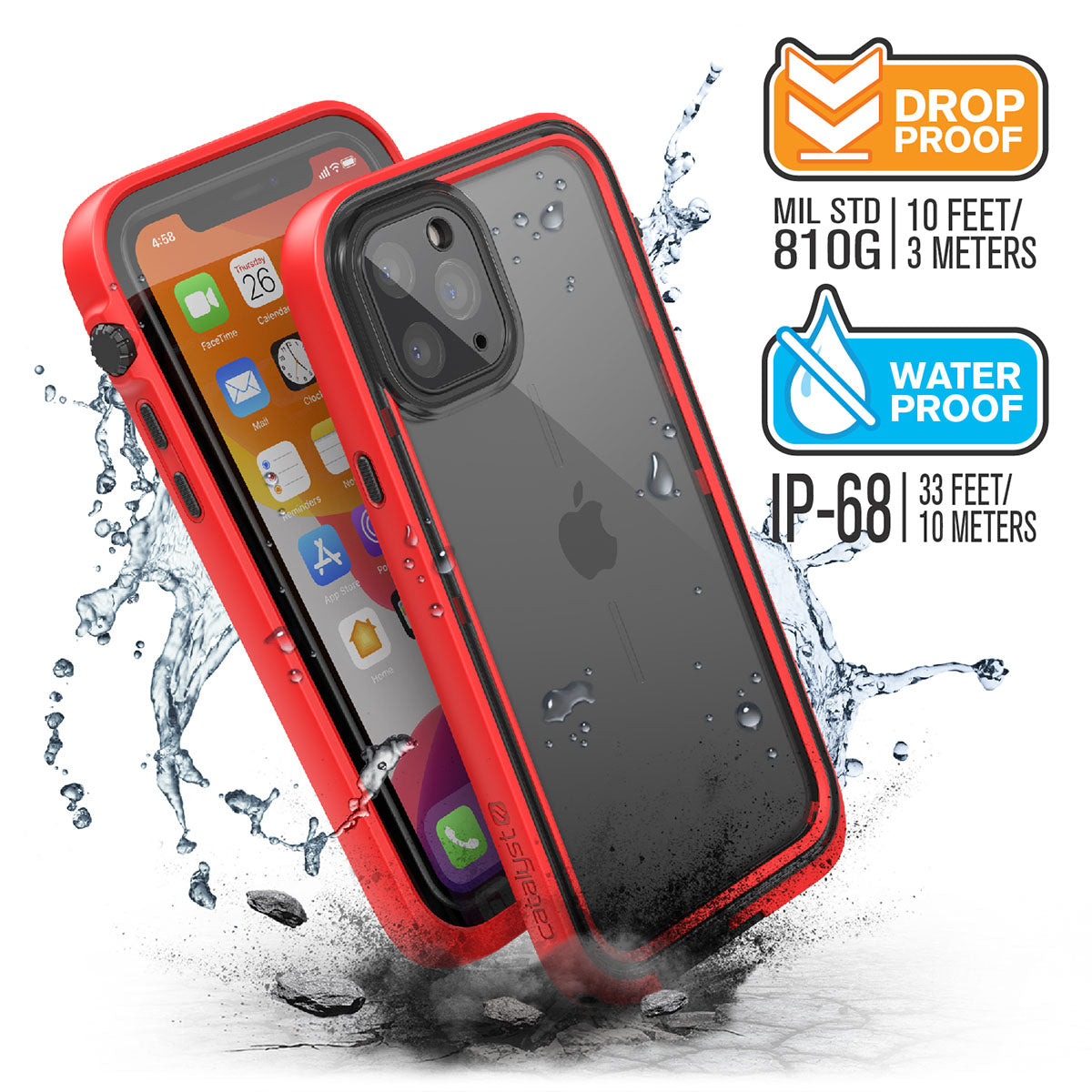 Catalyst iphone 11 series waterproof case in iphone 11pro showing the side front and back view of the case in a flame red colorway. Text reads drop proof MIL-STD 810G 10 FEET/3 METERS WATERPROOF IP-68 33 FEET/10