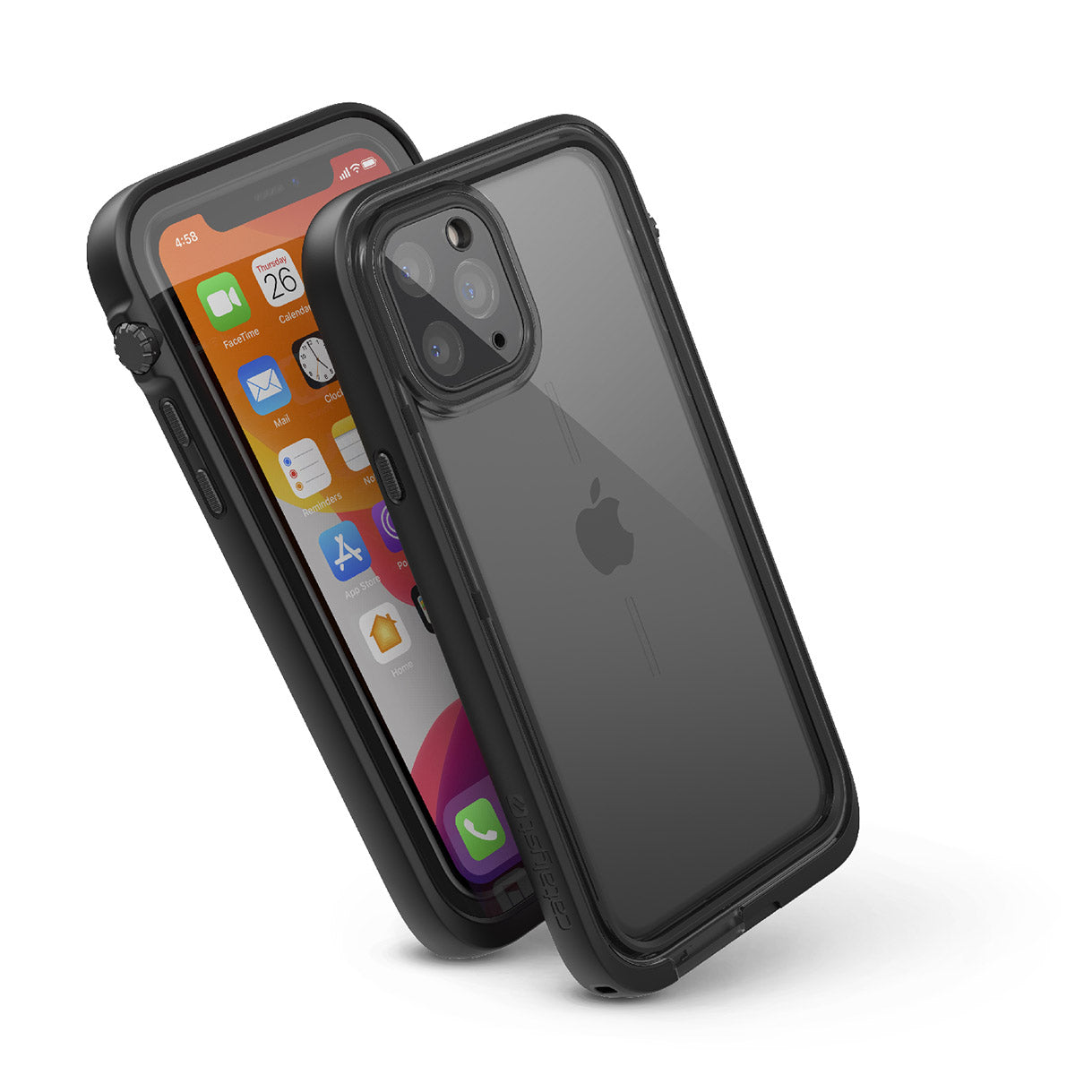 Catalyst iphone 11 series waterproof case in iphone 11 pro showing the side front and back view of the case in a stealth black colorway.