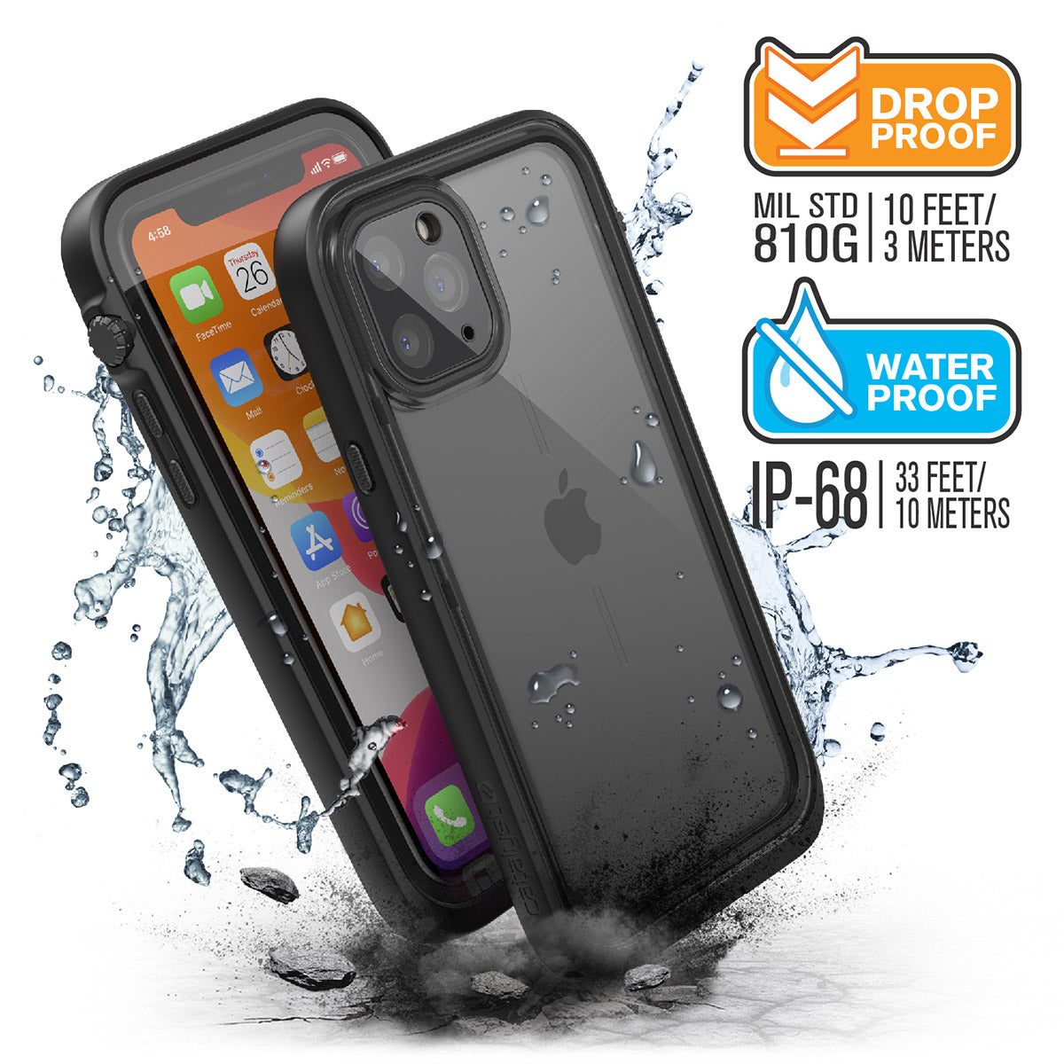 Catalyst iphone 11 series waterproof case in iphone 11 pro showing the side front and back view of the case in a stealth black colorway. Text reads drop proof MIL-STD 810G 10 FEET/3 METERS WATERPROOF IP-68 33 FEET/10 METERS