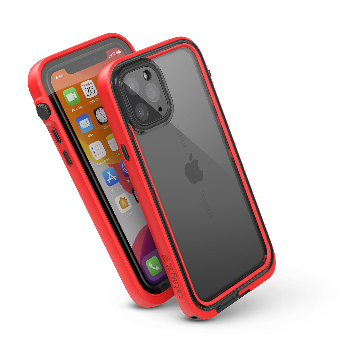 Catalyst iphone 11 series waterproof case in iphone 11 pro showing the side front and back view of the case in flame red colorway.