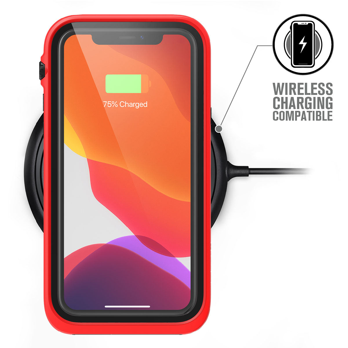 Catalyst iphone 11 series waterproof case in iphone 11 pro  showing wireless charging through case in a flame red colorway. Text reads wireless charging compatible.