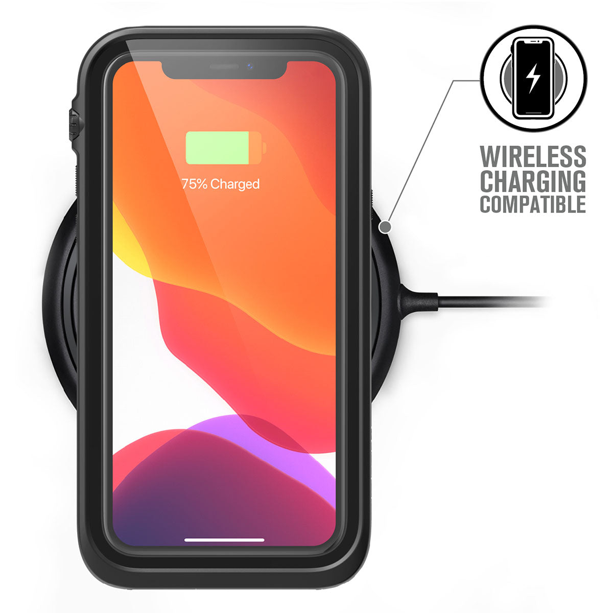 Catalyst iphone 11 series waterproof case in iphone 11 pro showing wireless charging through case in a stealth black colorway. Text reads wireless charging compatible.