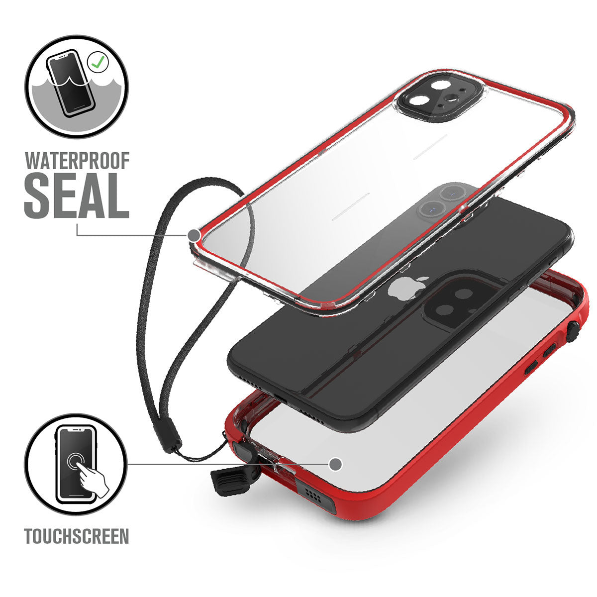  Catalyst iphone 11 series waterproof case in iphone 11 showing how waterproof the case is in a flame red colorway. Text reads waterproof seal touchscreen