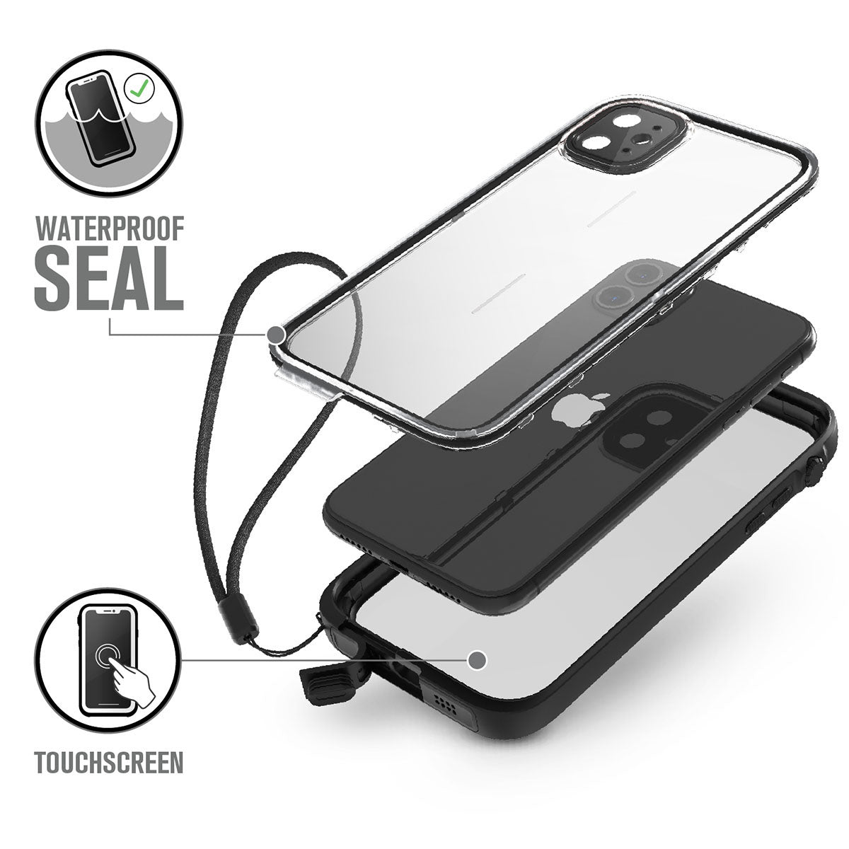 Catalyst iphone 11 series waterproof case in iphone 11 showing how waterproof the case is in a stealth black colorway. Text reads waterproof seal touchscreen