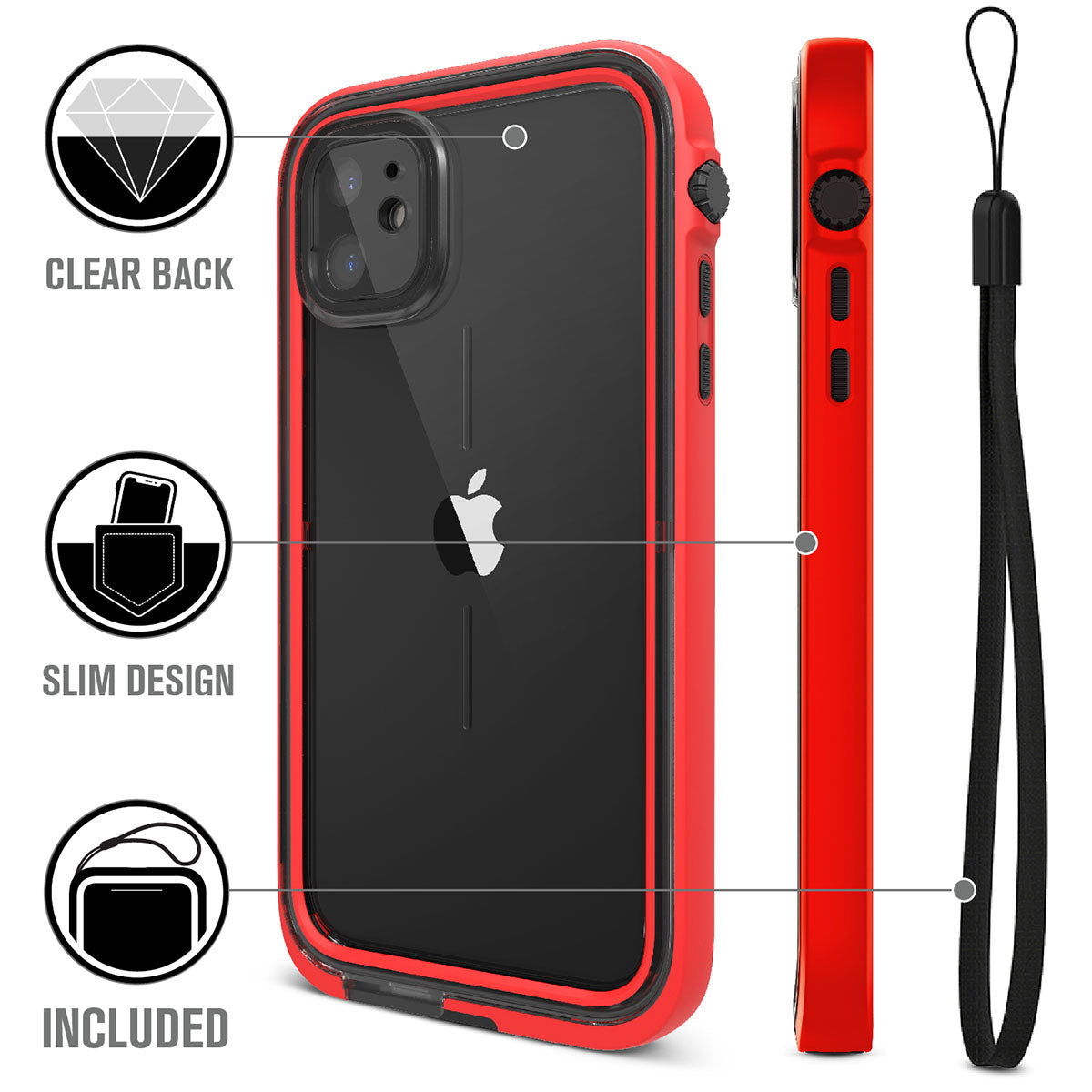 Catalyst iphone 11 series waterproof case in iphone 11 showing the case features in a flame red colorway with lanyard. Text reads clear black slim design included.