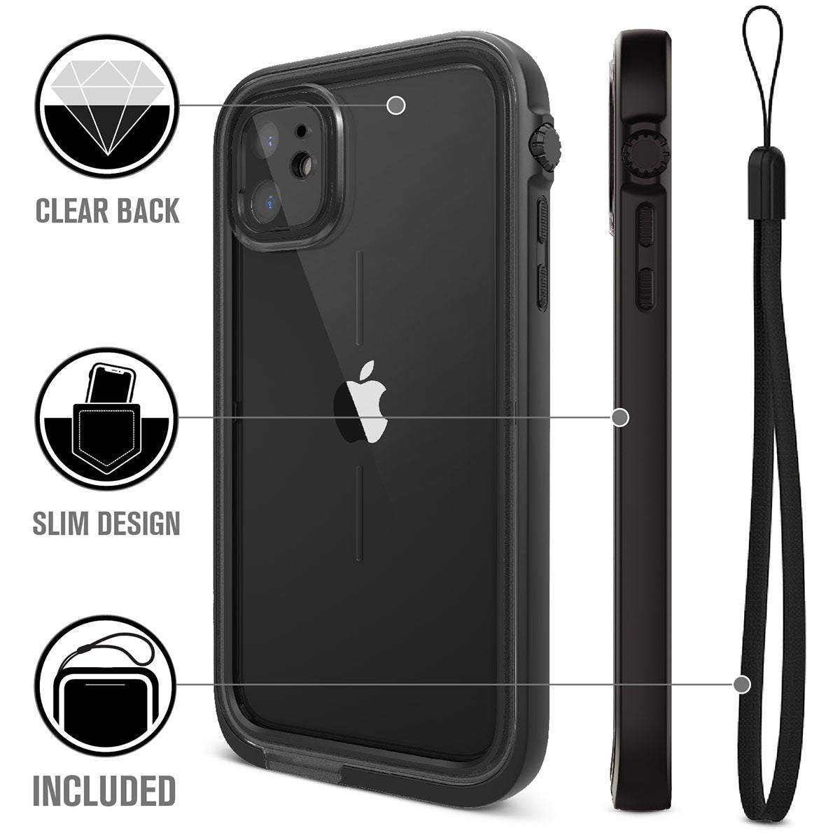 Catalyst iphone 11 series waterproof case in iphone 11 showing the case features in a stealth black colorway with lanyard. Text reads clear black slim design included.