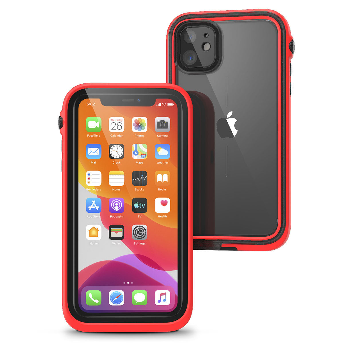 Catalyst iphone 11 series waterproof case in iphone 11 showing the front and back view of the case in a flame red colorway.