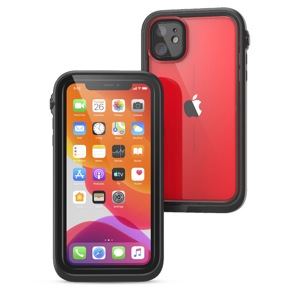 Catalyst iphone 11 series waterproof case in iphone 11 showing the front and back view of the case in a stealth black colorway.