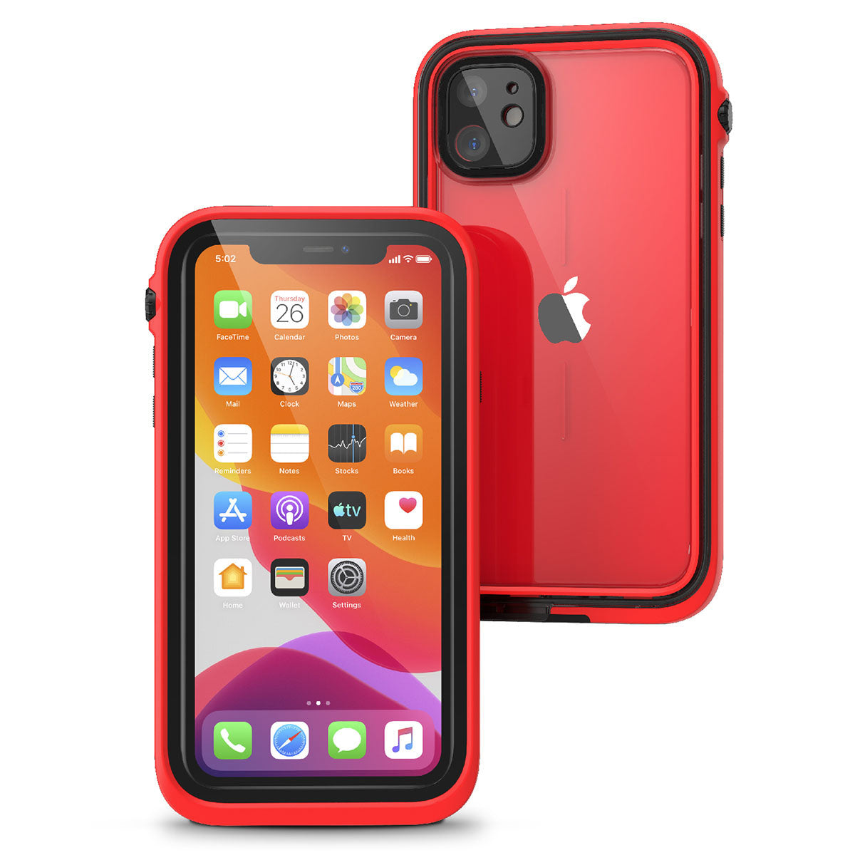 Catalyst iphone 11 series waterproof case in iphone 11 showing the front and back view of the case in a flame red colorway.