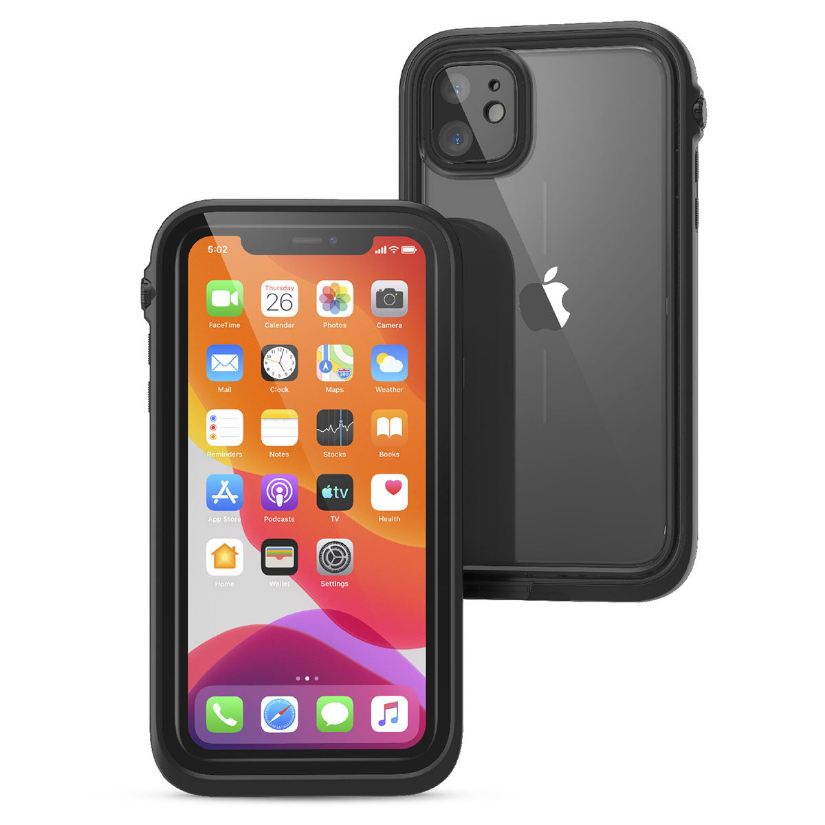 Catalyst iphone 11 series waterproof case in iphone 11 showing the front and back view of the case in a stealth black colorway.