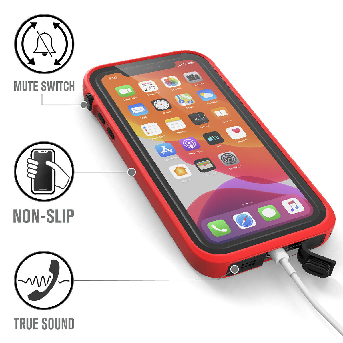 Catalyst iphone 11 series waterproof case in iphone 11 showing the phone while charging in a flame red colorway. Text reads mute switch non slip true sound.