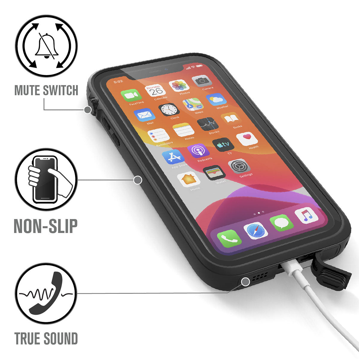 Catalyst iphone 11 series waterproof case in iphone 11 showing the phone while charging in a stealth black colorway. Text reads mute switch non slip true sound.