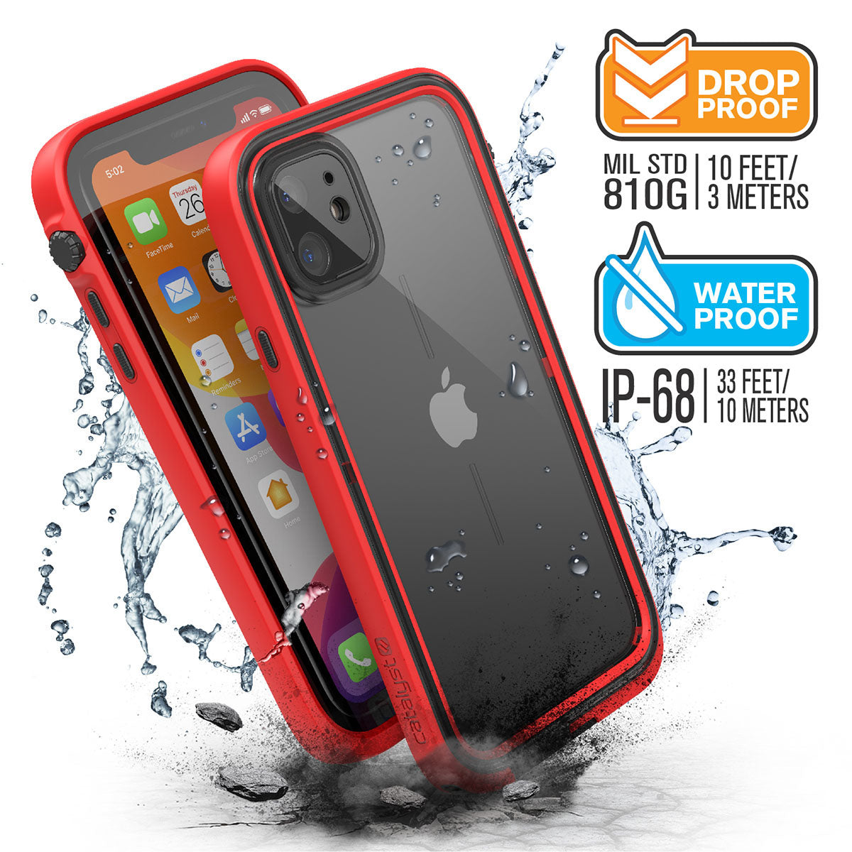 Catalyst iphone 11 series waterproof case in iphone 11 showing the side front and back view of the case in a flame red colorway. Text reads drop proof MIL-STD 810G 10 FEET/3 METERS WATERPROOF IP-68 33 FEET/10 METERS