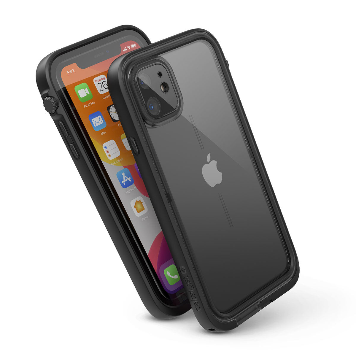 Catalyst iphone 11 series waterproof case in iphone 11 showing the side front and back view of the case in a stealth black colorway.