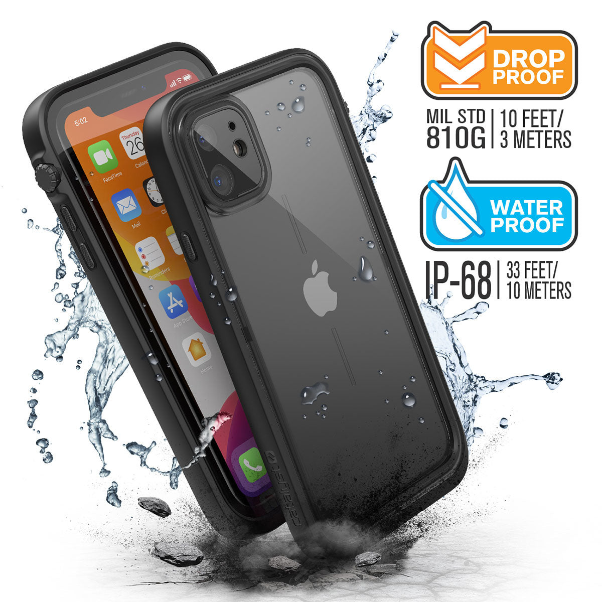 Catalyst iphone 11 series waterproof case in iphone 11 showing the side front and back view of the case in a stealth black colorway. Text reads drop proof MIL-STD 810G 10 FEET/3 METERS WATERPROOF IP-68 33 FEET/10 METERS