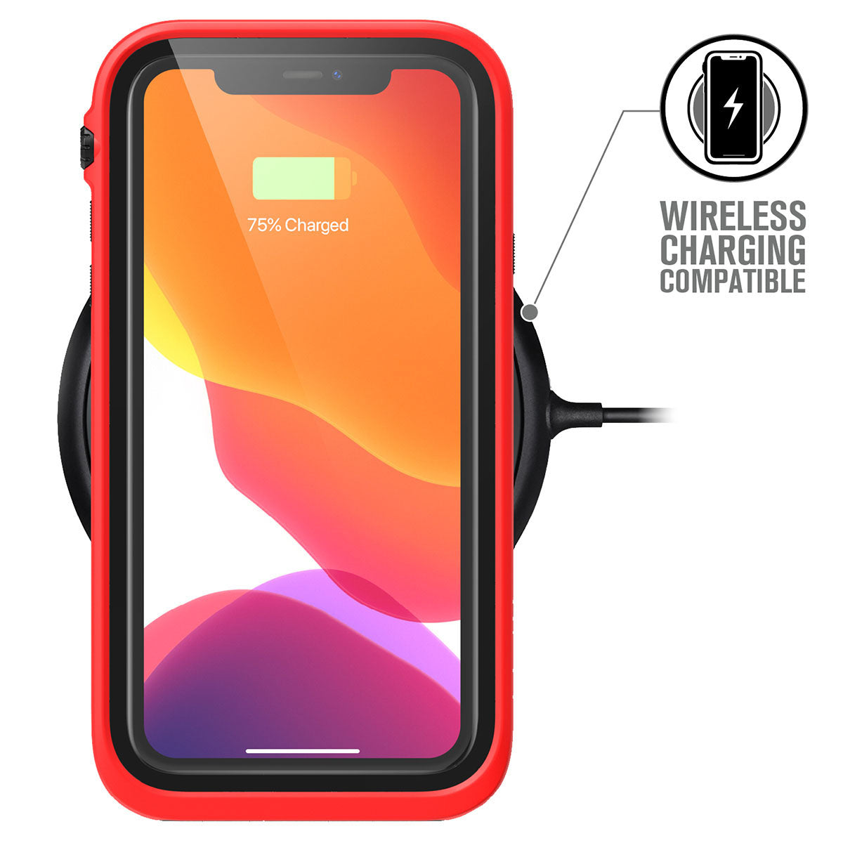 Catalyst iphone 11 series waterproof case in iphone 11 showing wireless charging through case in a flame red colorway. Text reads wireless charging compatible. 