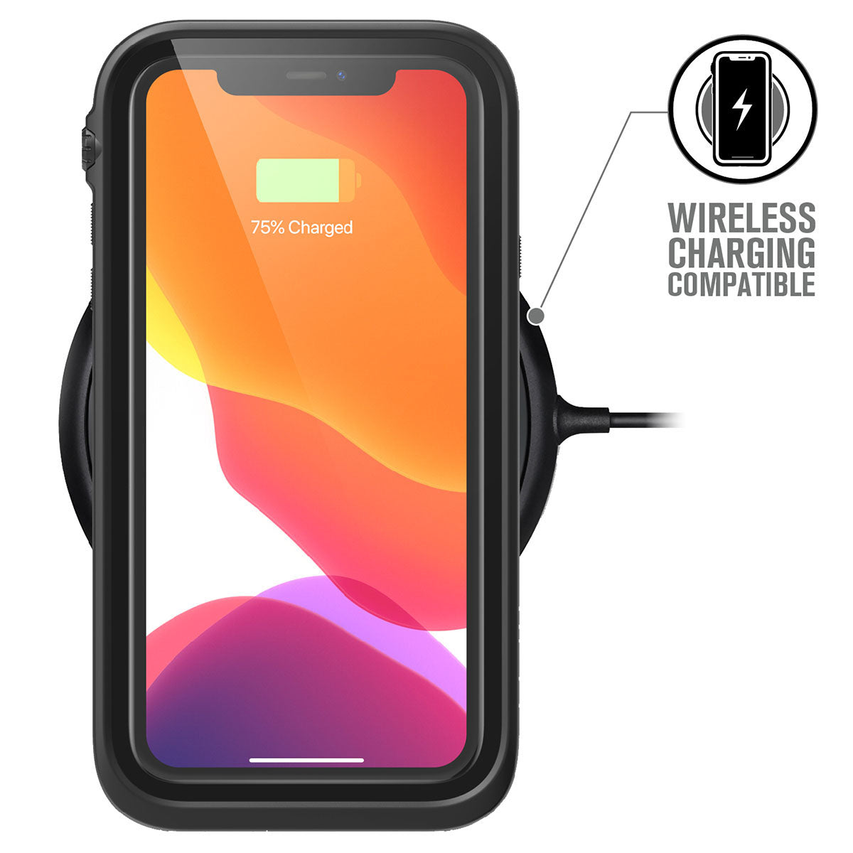 Catalyst iphone 11 series waterproof case in iphone 11 showing wireless charging through case in a stealth black colorway. Text reads wireless charging compatible.