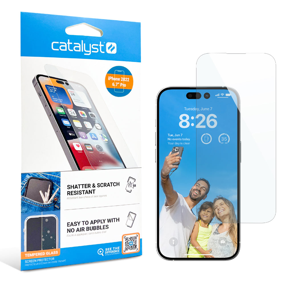 catalyst iphone 14 tempered glass screen protector with iphone an packaging Text reads shatter and scratch resistant easy to apply with no air bubbles