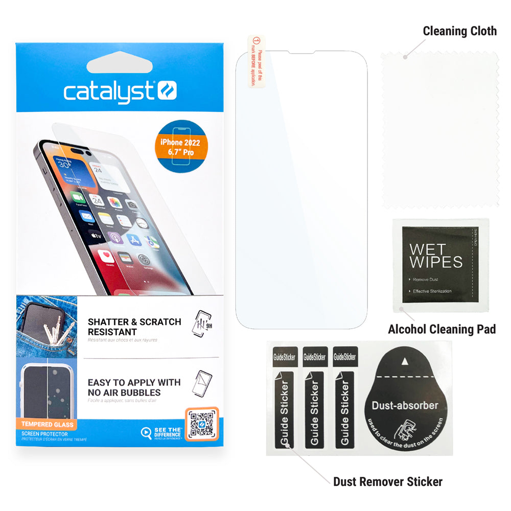 Catalyst iPhone 14 tempered glass screen protector with packaging wet wipes dust remover and cleaning cloth Text reads shatter and scratch resistant easy to apply no air bubbles