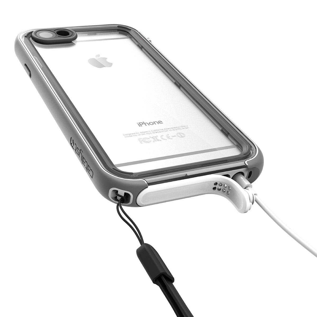 Catalyst iphone 6s waterproof case showing the case while charging with attached lanyard on the side corner in white&mist gray colorway