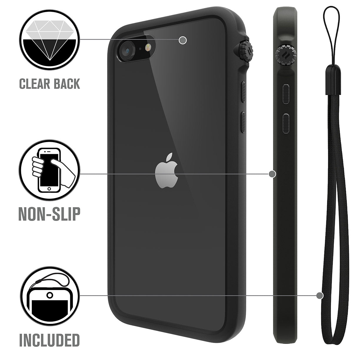 Catalyst iphone 8/7 impact protection case for iphone showing the case features in a stealth black colorway text reads clear back non slip lanyard included