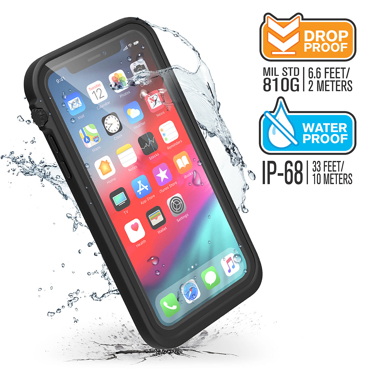 Catalyst iphone x/xr/xs/xs max waterproof case x showing-how-drop-proof-and-water-proof-the-case-is-in stealth-black black text reads drop proof MIL STD 810G 6.6 FEET 2 METERS WATER PROOF IP-68 33 FEET 10 METERS