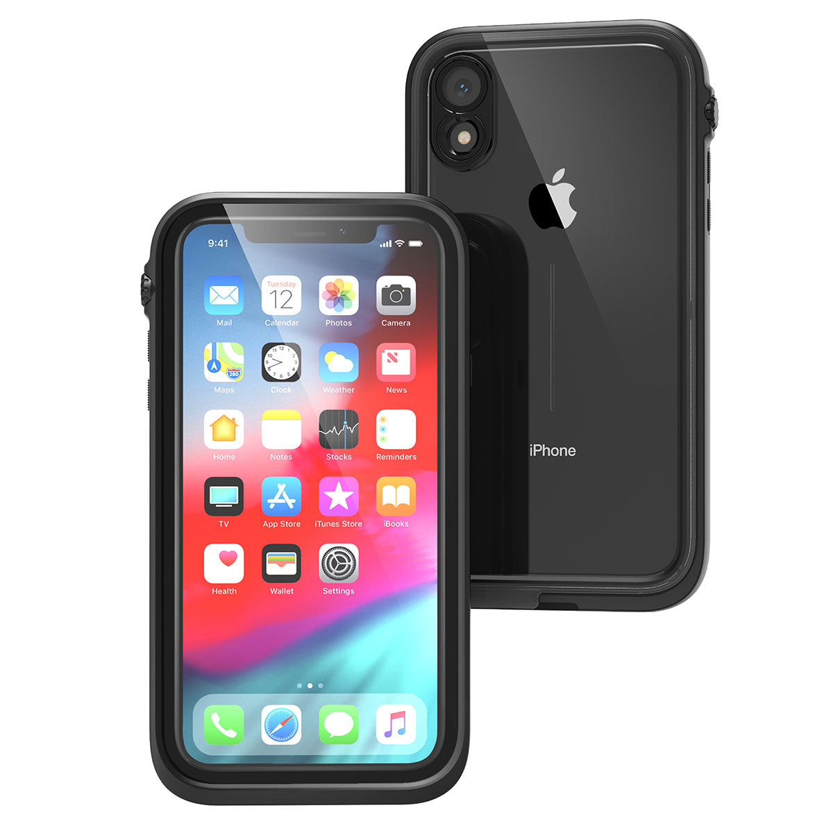 Catalyst iphone x/xr/xs/xs max waterproof case x showing the front and back view of the case in stealth black