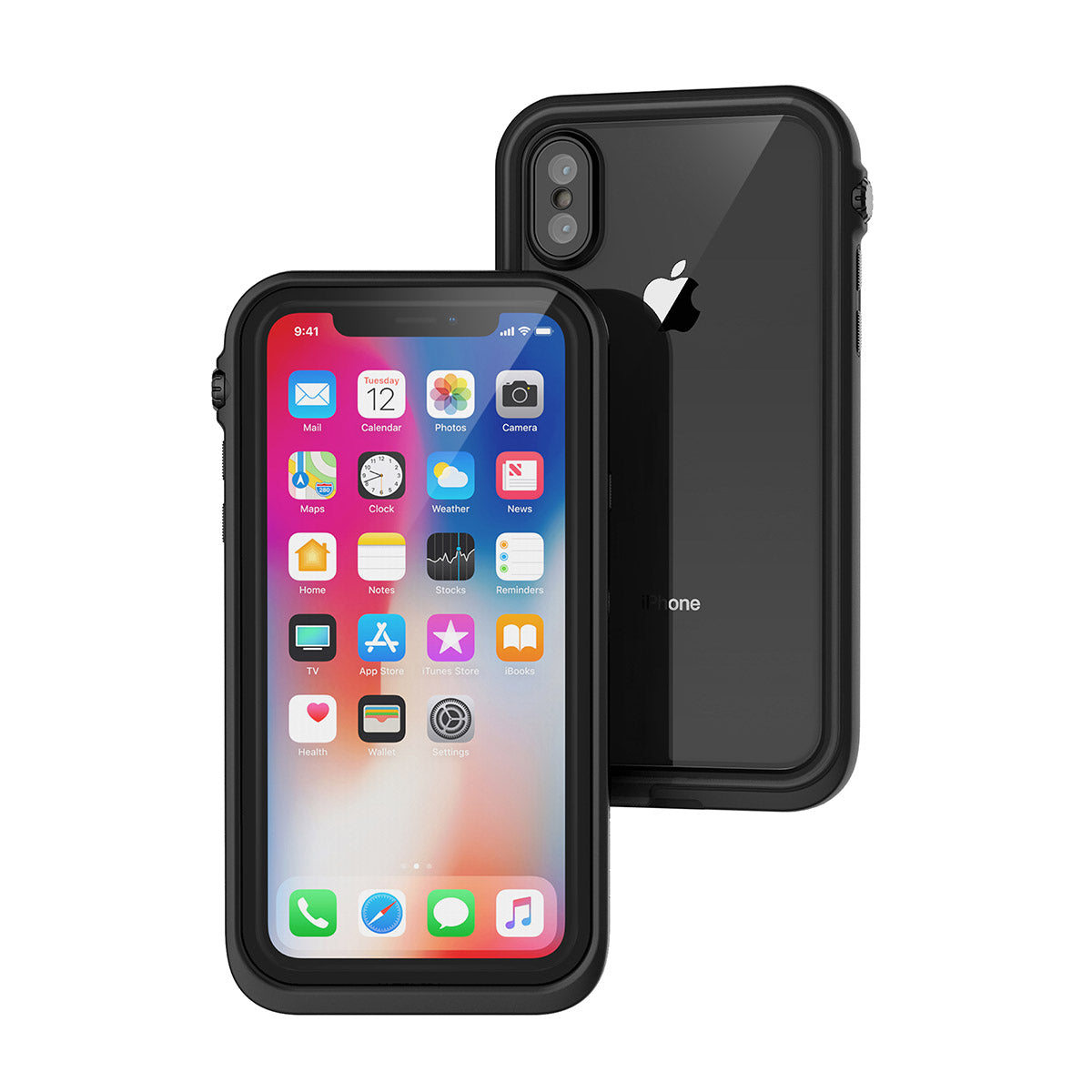 Catalyst iphone x/xr/xs/xs max waterproof case x showing the front and back view of the case in stealth black