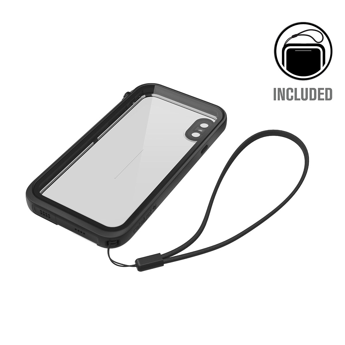 Catalyst iphone x/xr/xs/xs max  waterproof case xs showing the back view of the case with lanyard attached in stealth black text reads included