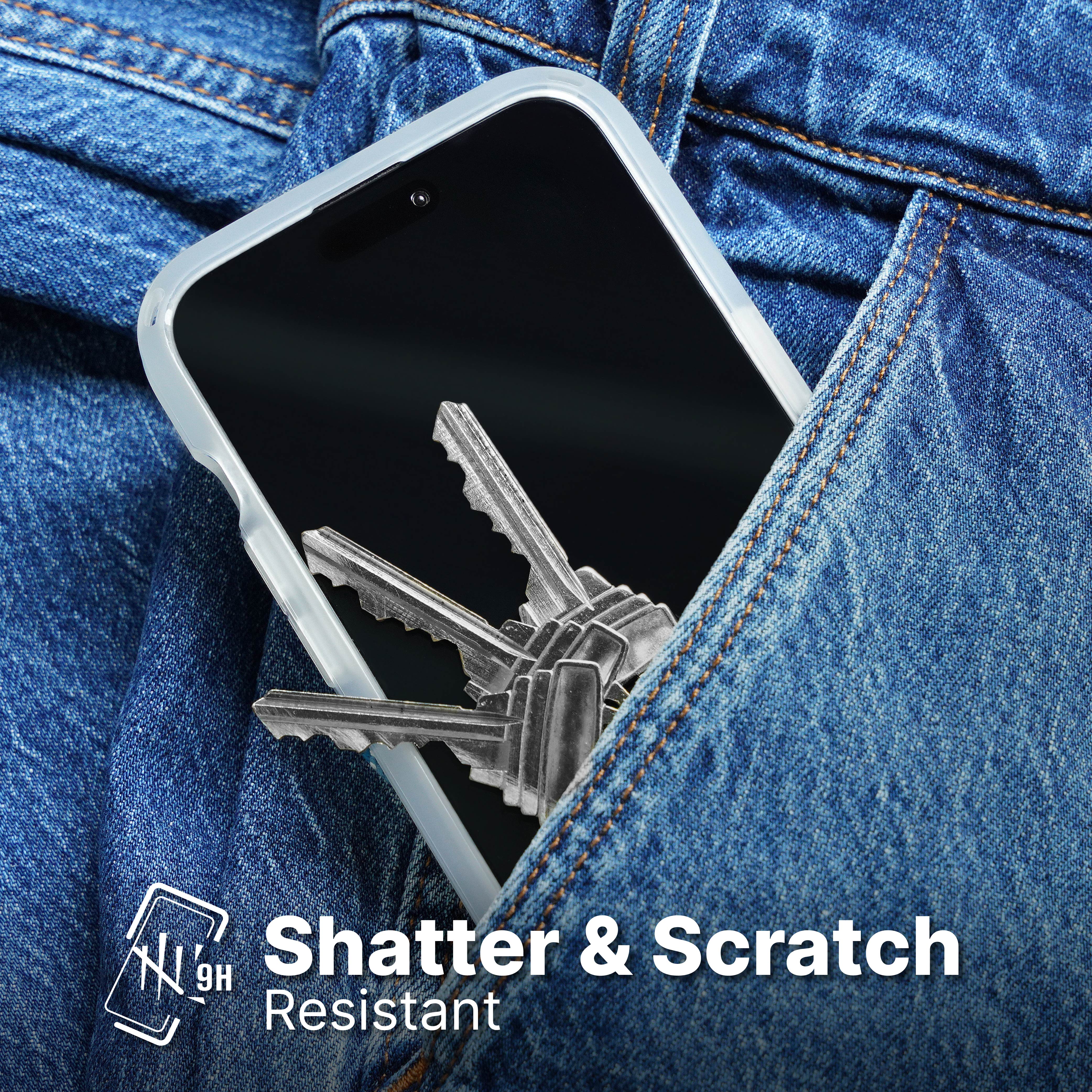 Catalyst screen protector for iphone 15 series inside pocket with keys Text reads Shatter and Scratch Resistant