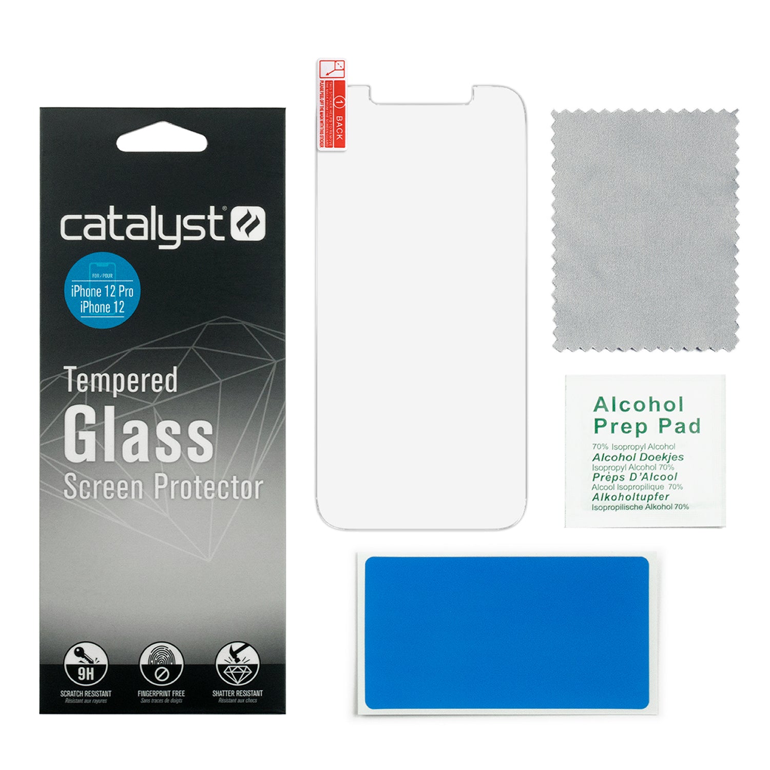 Catalyst Tempered Glass Screen Protector for iphone 12 and iphone 12 pro inside the box includes packaging screen protector cleaning cloth alcohol wipe dust removal sticker text reads packaging screen protector cleaning cloth alcohol wipe dust removal sticker alcohol prep pad