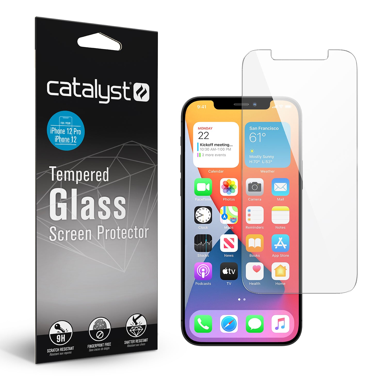 Catalyst Tempered Glass Screen Protector for iPhone 12 and iPhone 12pro with packaging and tempered glass screen protector and iPhone.