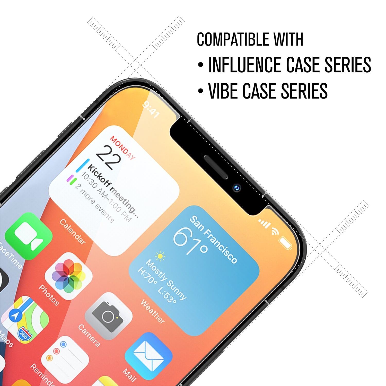 Catalyst Tempered Glass Screen Protector on iphone text reads compatible with influence case series and vibe case series