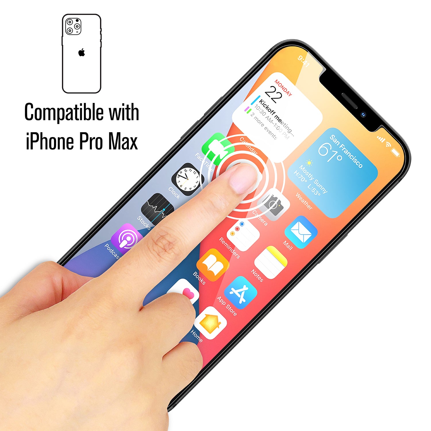 Catalyst Tempered Glass Screen Protector on iphone showing finger touch text reads compatible with iPhone 12 pro max