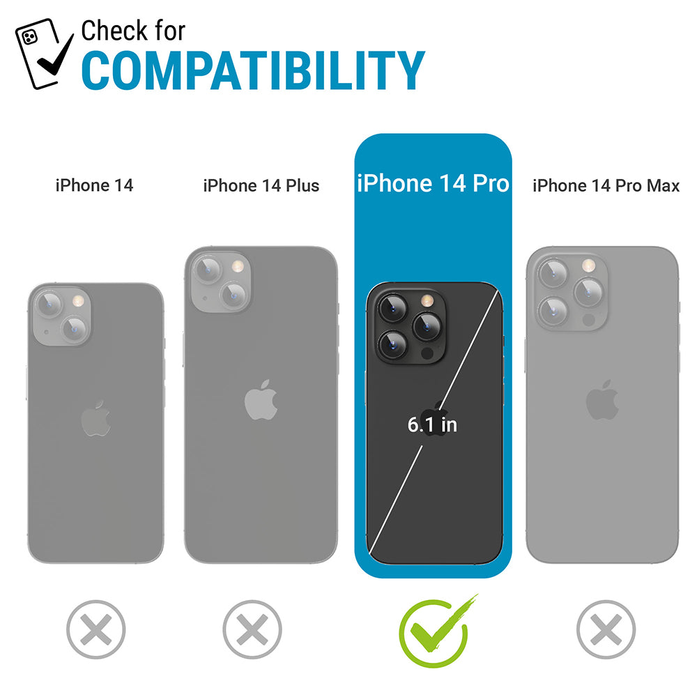 Catalyst Total Protection Case for iPhone 14 series showing iphone 14 iphone 14 pro iphone 14 plus iphone 14 pro max image showing size size differences text reads check for compatibility iphone 14 iphone 14 pro iphone 14 plus iphone 14 pro max