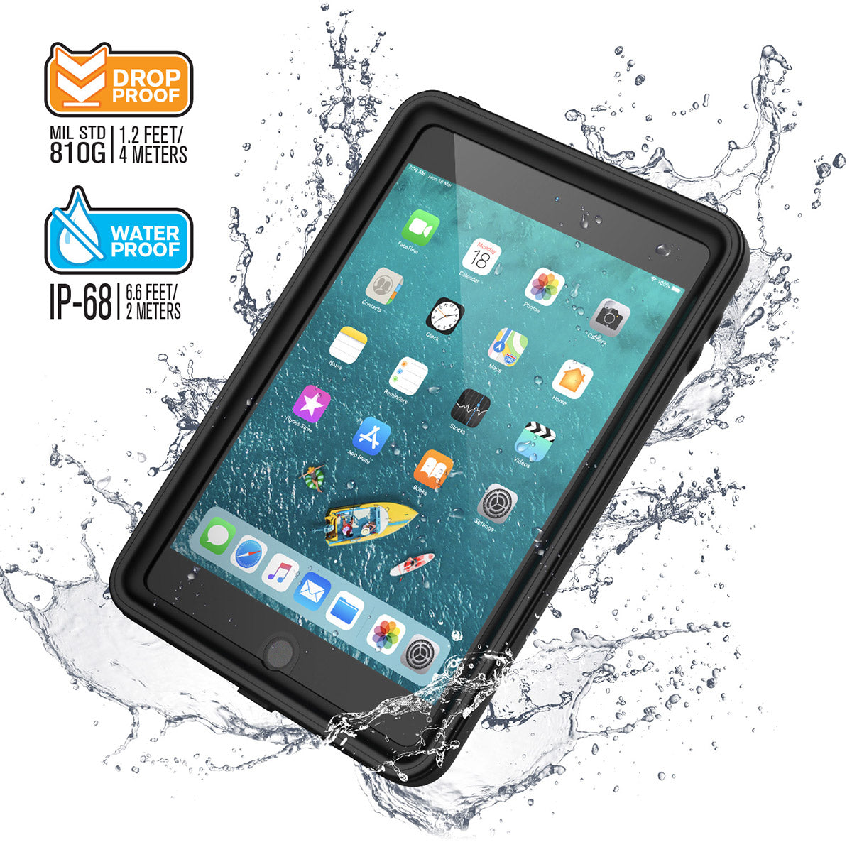 Catalyst waterproof case for ipad mini 5 black drop proof Text reads drop proof MIL STD 81G 1.2 feet/4 meters Waterproof IP-68 6.6 feet/2 meters