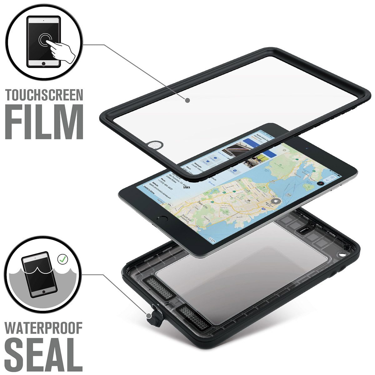 Catalyst waterproof case for ipad mini 5 black film seal Text reads touchscreen film waterproof seal