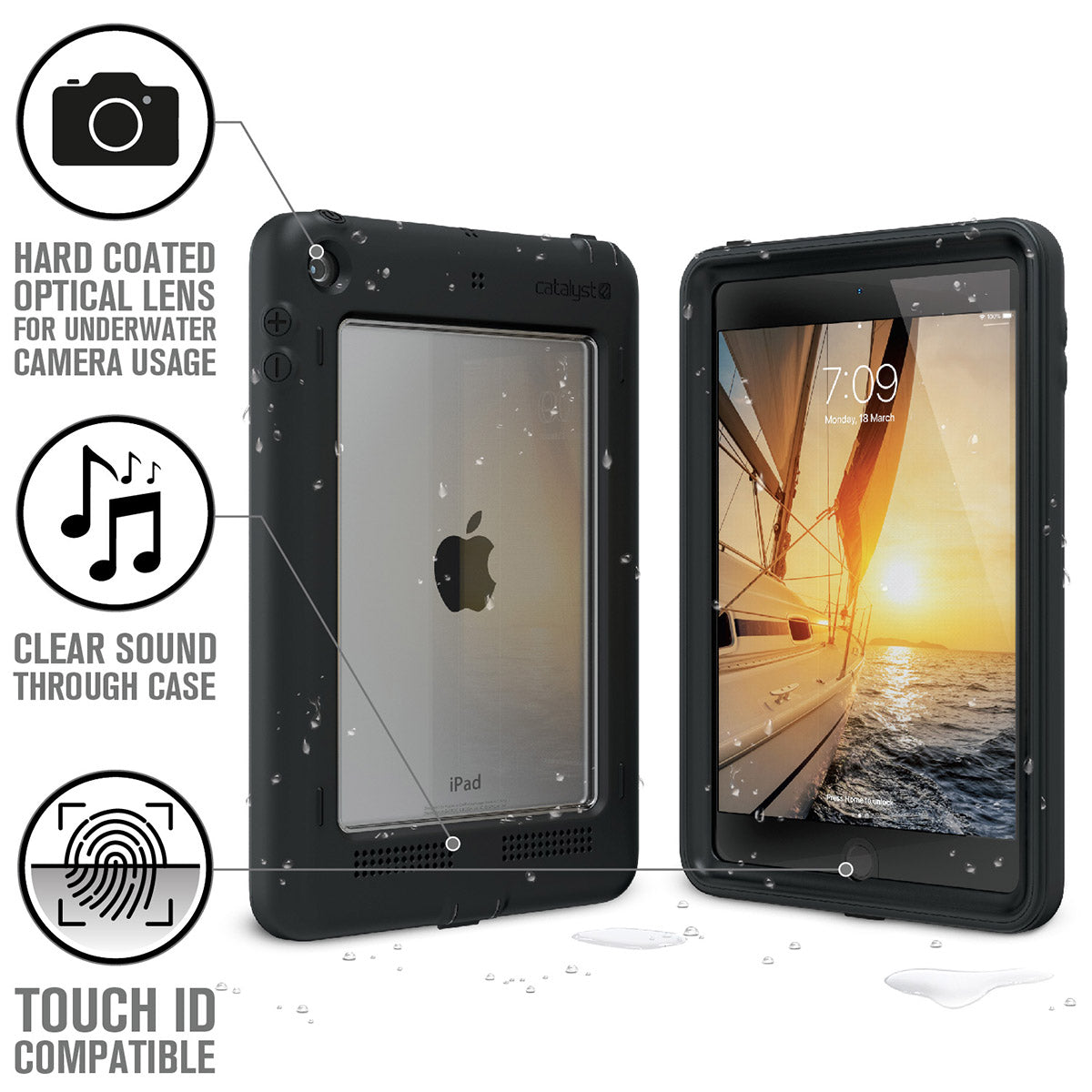 Catalyst waterproof case for ipad mini 5 black hard coated camera lens clear sound touch id compatible Text reads hard coated optical lens for underwater camera usage clear sound through case touch id compatible