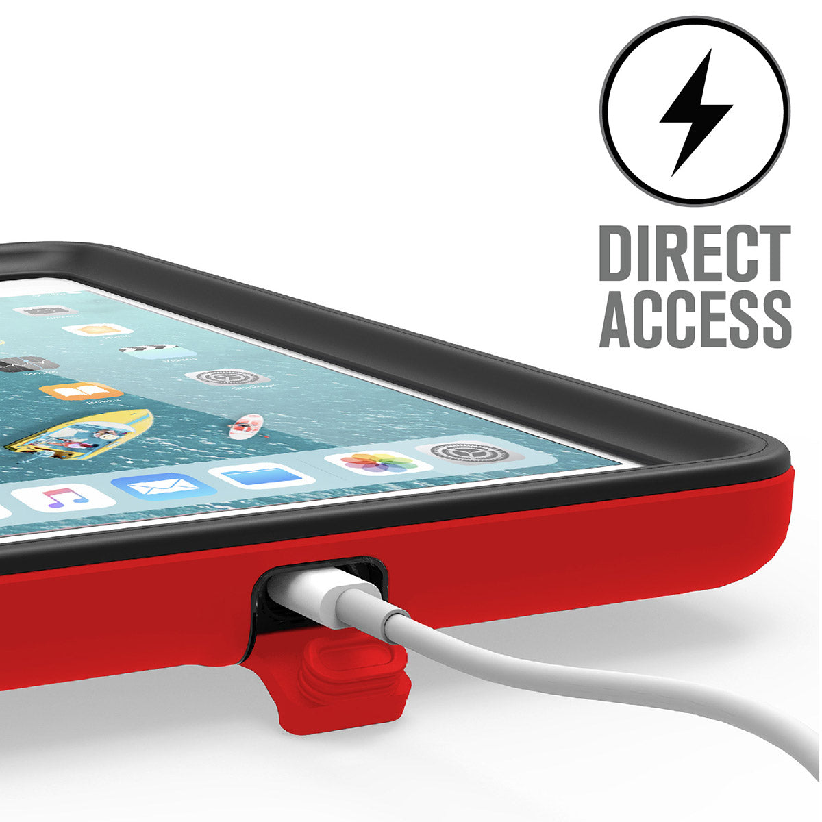 catalyst waterproof case for ipad mini 5 red charging port access Text reads direct access