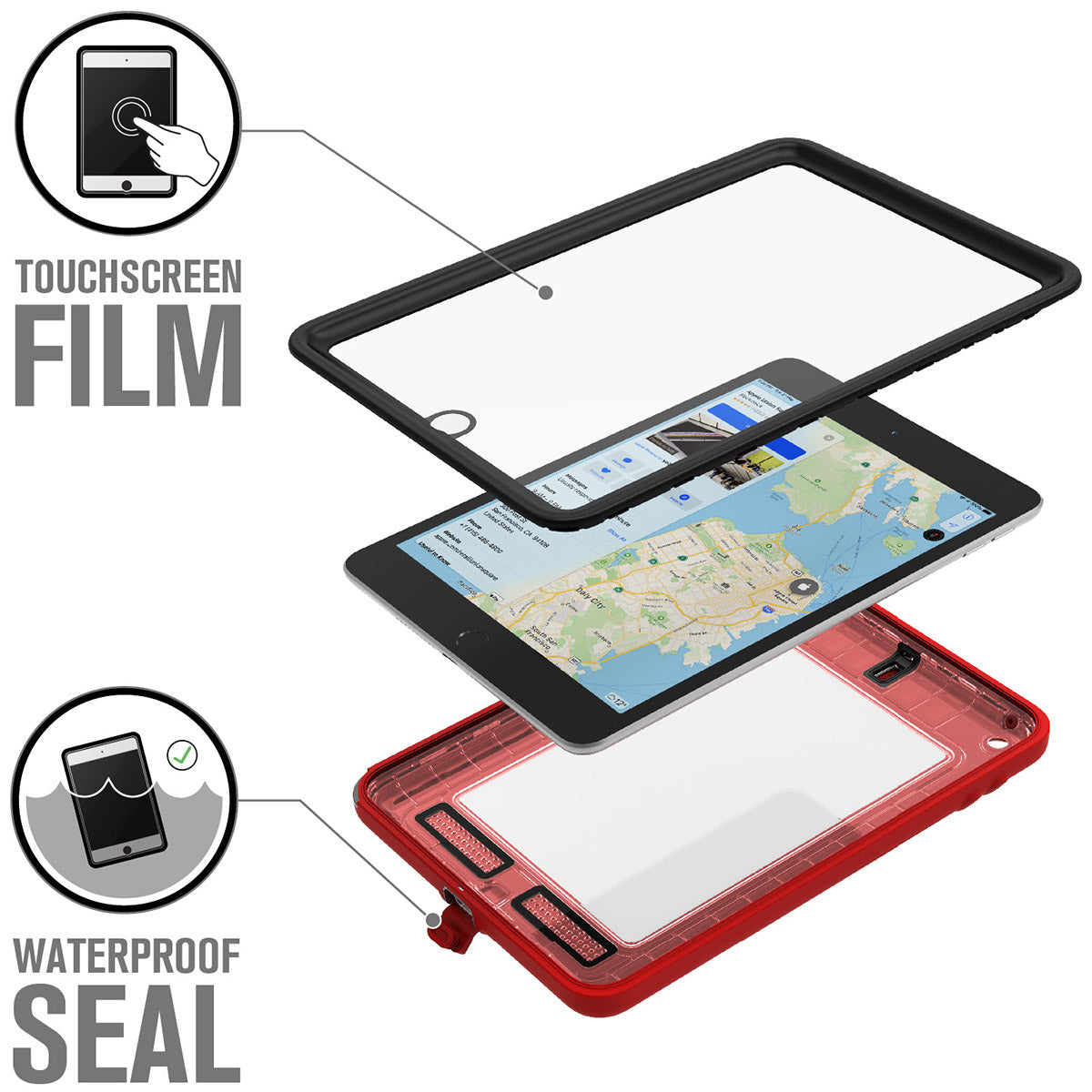 Catalyst waterproof case for ipad mini 5 red film seal Text reads touchscreen film waterproof seal