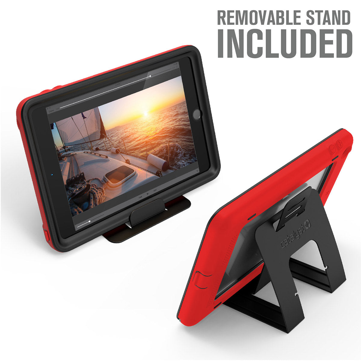 catalyst waterproof case for ipad mini 5 red removable stand Text reads removable stand included 