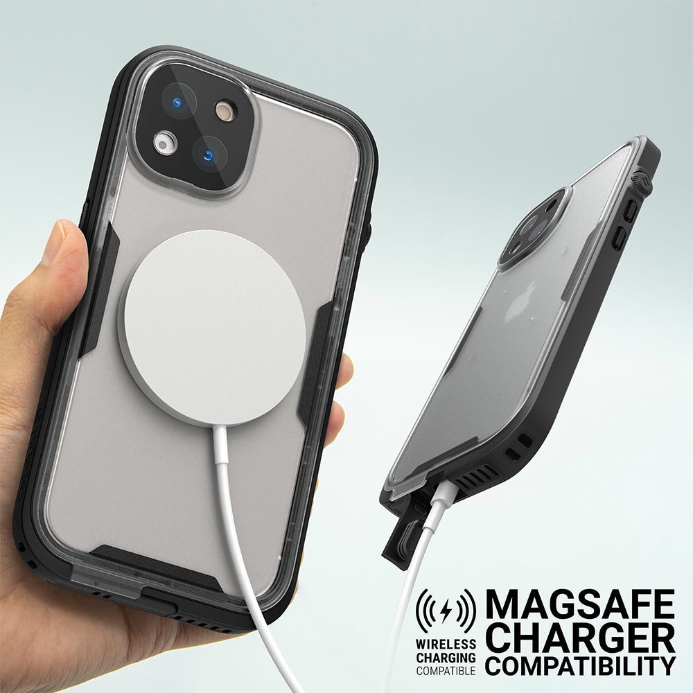 Catalyst Waterproof Total Protection case for iPhone 13 series showing magsafe charger compatibility text reads magsafe charger compatibility wireless charging compatible