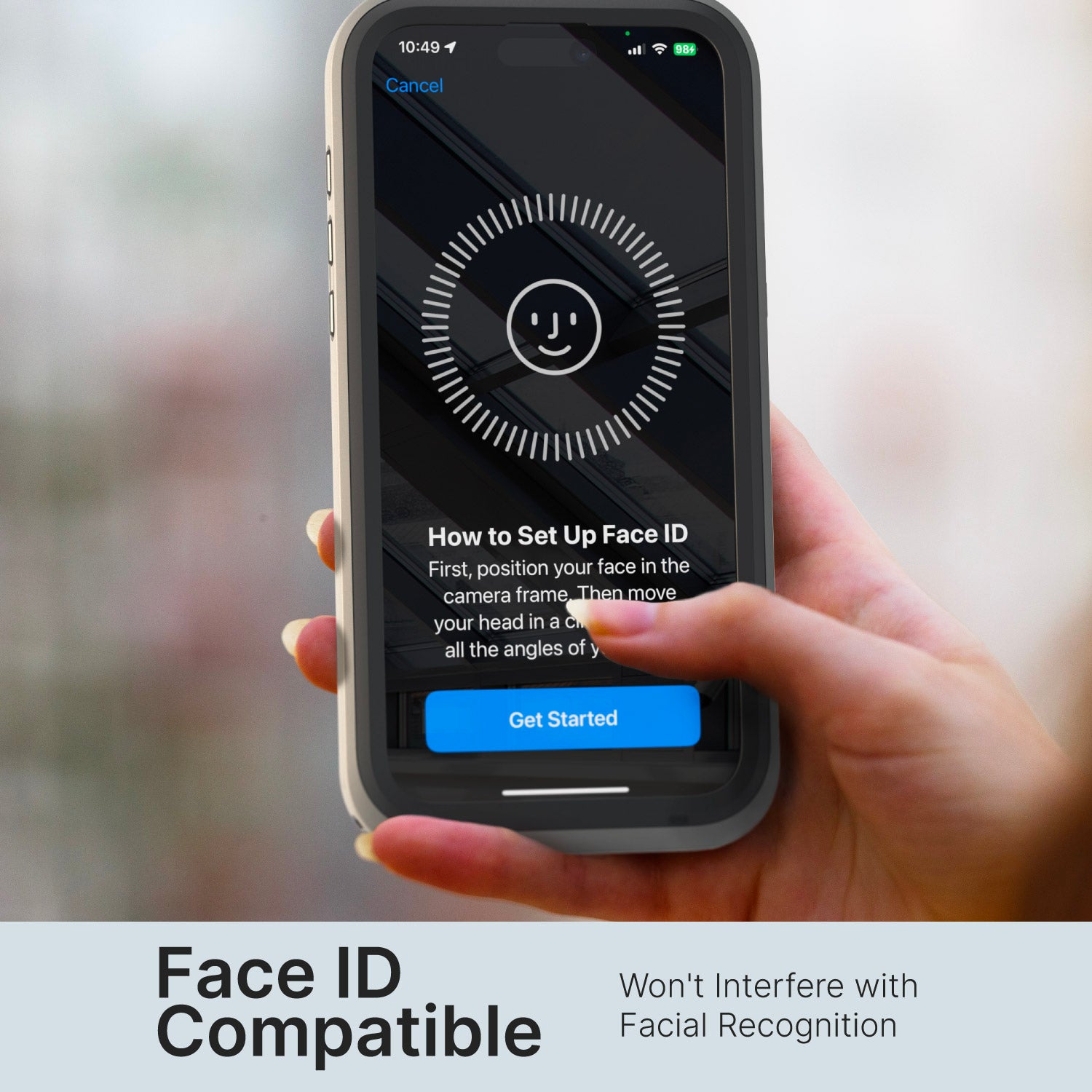 A Catalyst iPhone 15 Pro in Titanium Gray shows Face ID setup, with a hand ready to tap "Get Started." The caption confirms compatibility with Face ID and assures that the sleek, waterproof design won't interfere with facial recognition.