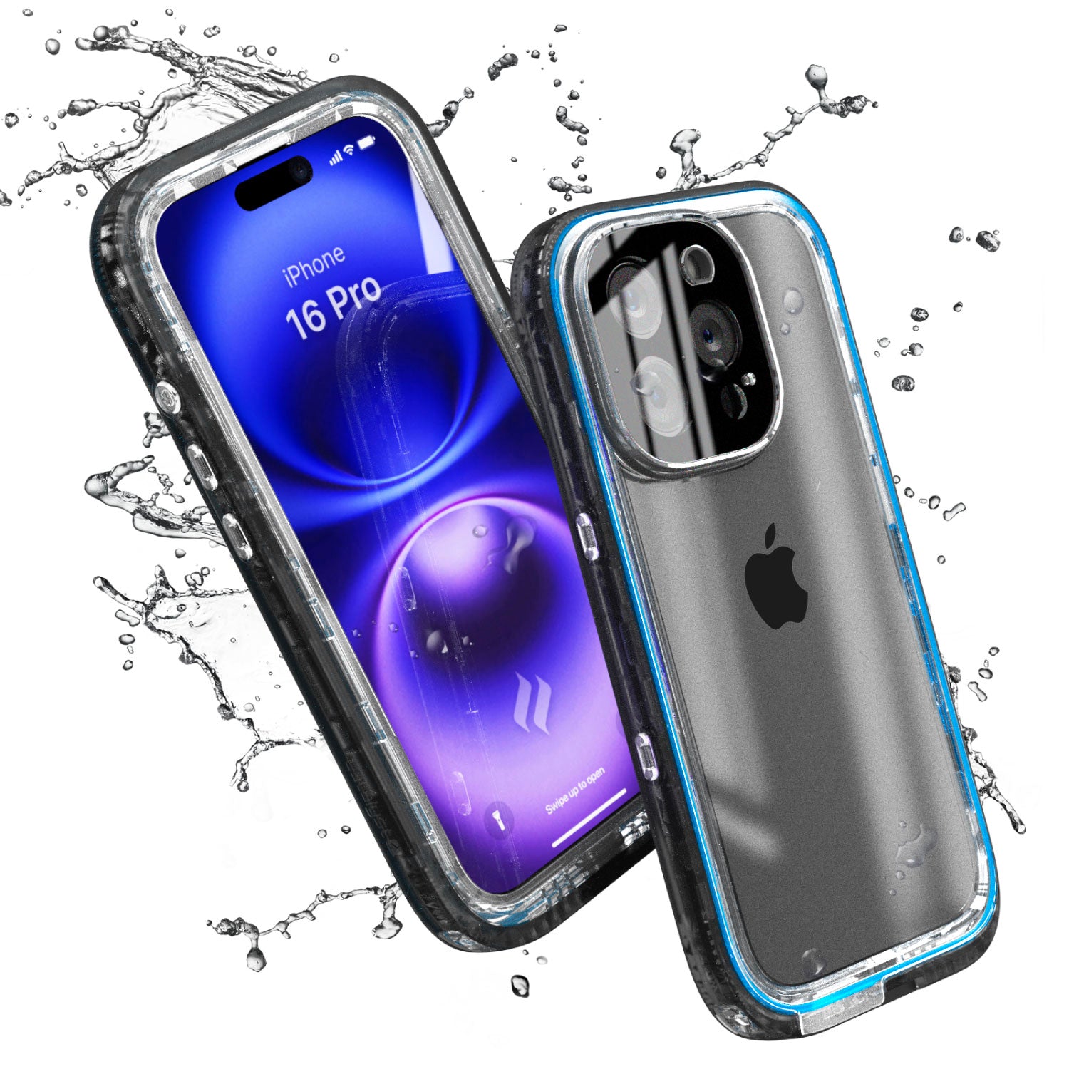 Two iPhones 16 Pro, encased in Catalyst's black waterproof, drop-proof cases, are pictured with water splashing around them, showcasing their exceptional water resistance.