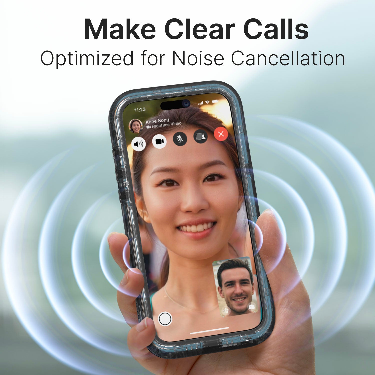 The iPhone 16 Pro in a black Catalyst waterproof case displays a video call with advanced noise cancellation, ensuring clear conversations without worry in unexpected situations.